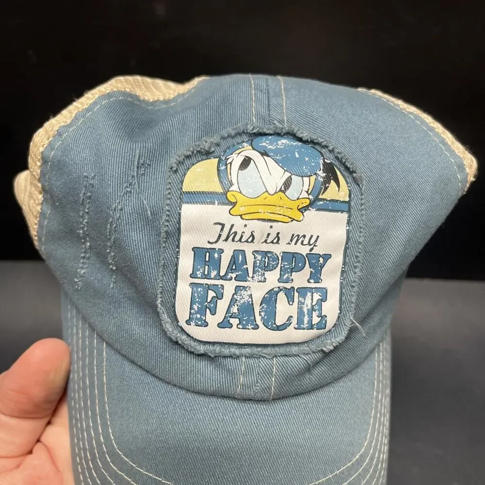 Disney Parks Donald Duck Adult Trucker Hat -This Is My Happy Face Distressed VTG